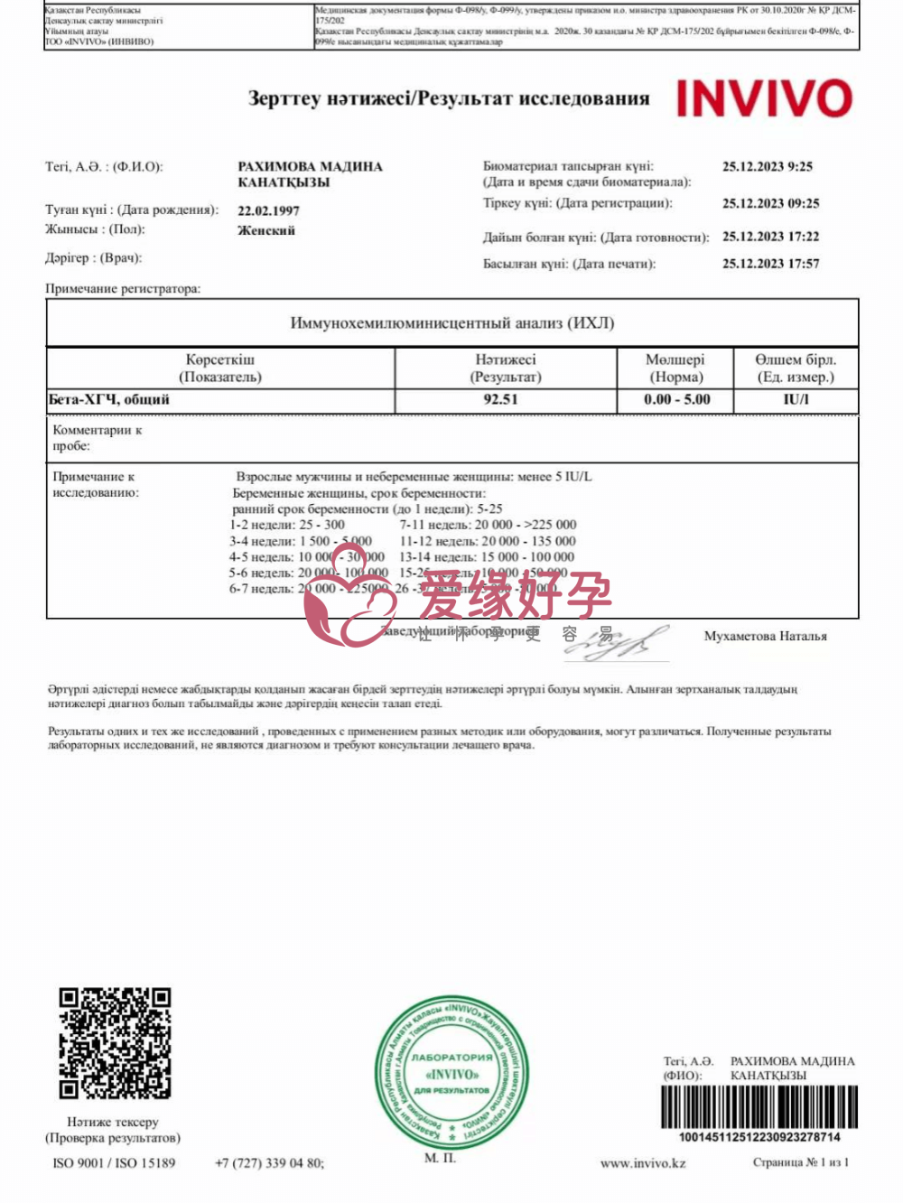 代孕代母在哈萨克斯坦IRM医院移植后验孕成功