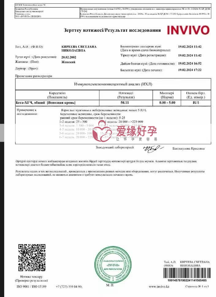 哈萨克斯坦代孕代孕代母移植隔天血值翻倍
