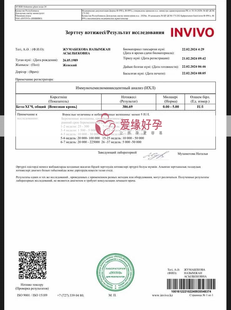 哈萨克斯坦代孕代孕代母验孕成功血值爆表