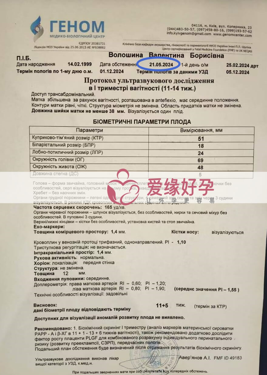 爱缘好孕:乌克兰代孕代母孕11周+5天产检顺利通过