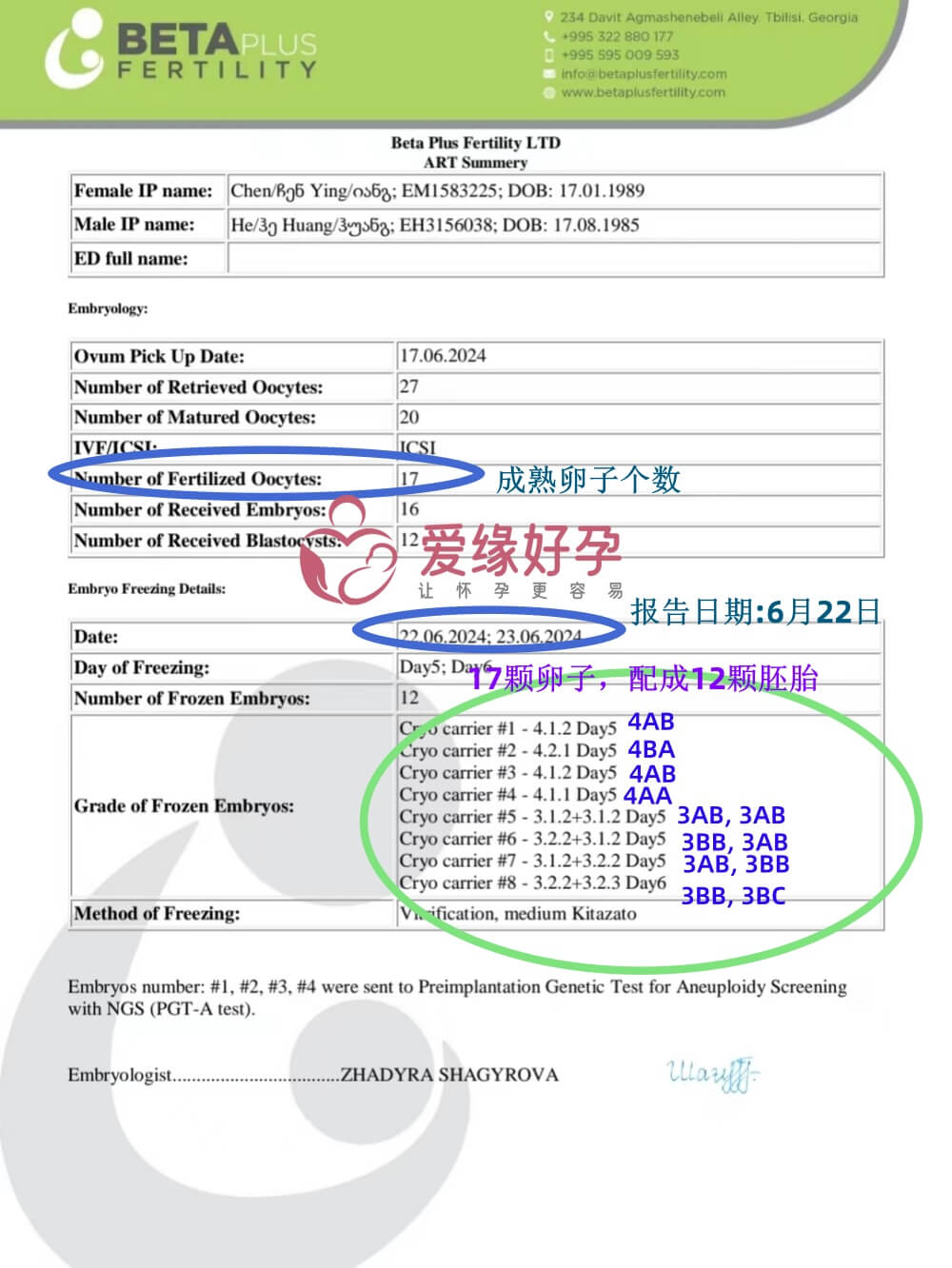 爱缘好孕格鲁吉亚H先生爱心卵子配成12个囊胚