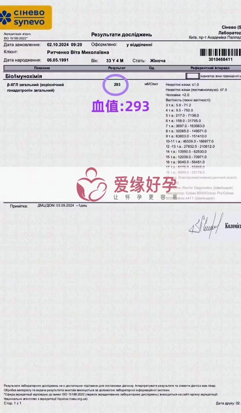 乌克兰代孕代母验孕成功，HCG血值293