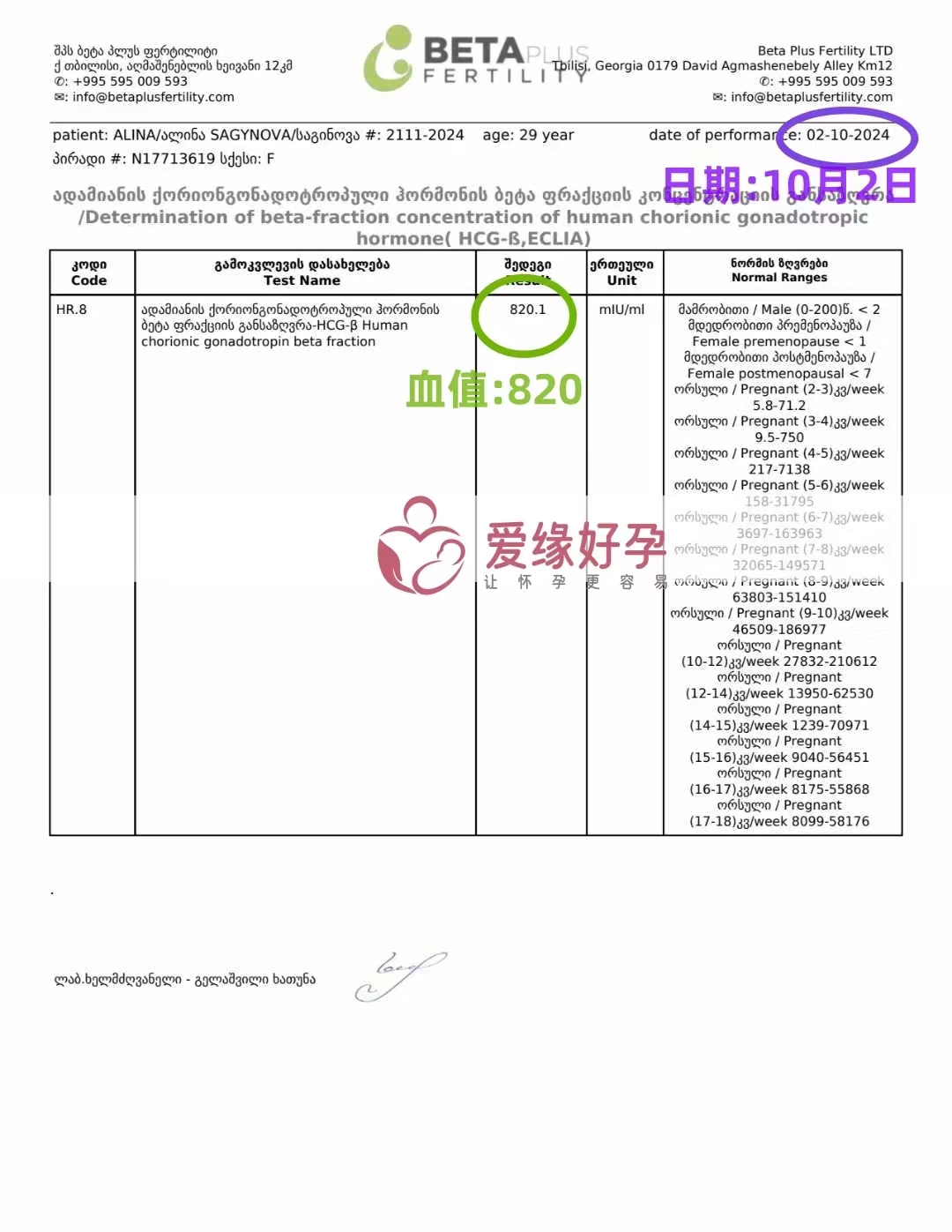 格鲁吉亚代孕代母验孕成功，HCG血值820