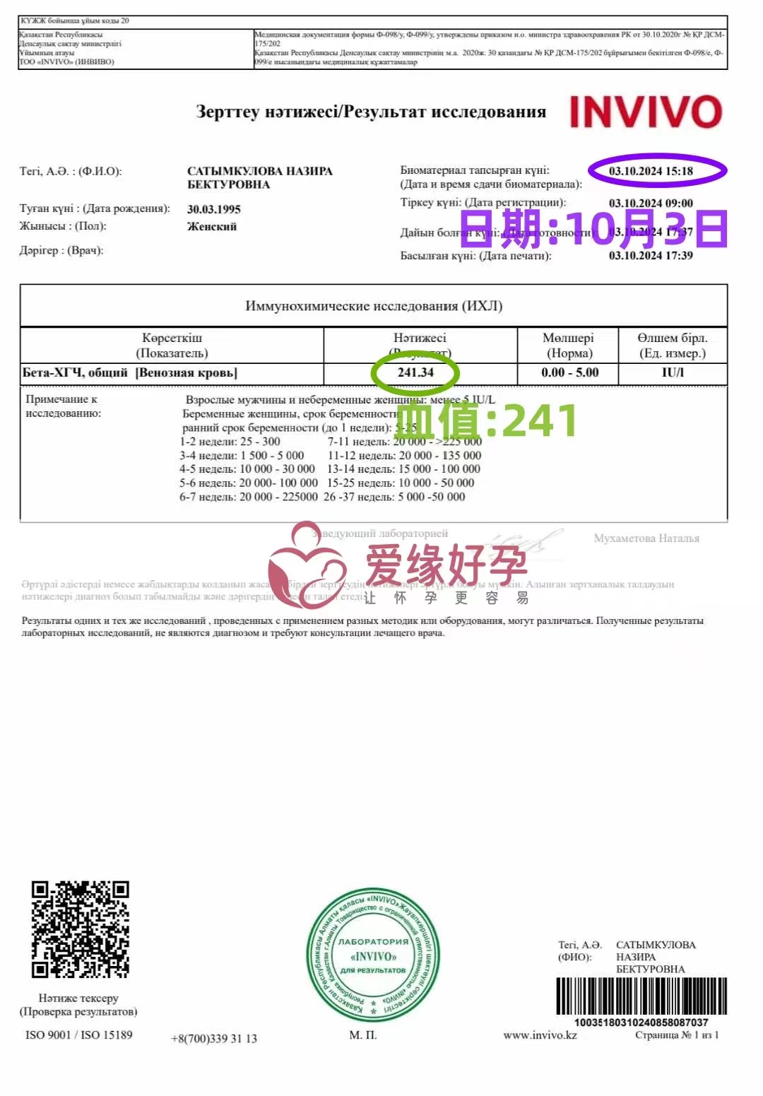哈萨克斯坦代孕代母验孕成功啦，HCG血值241