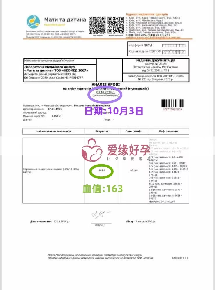 乌克兰代孕代母孕验孕成功，HCG血值163