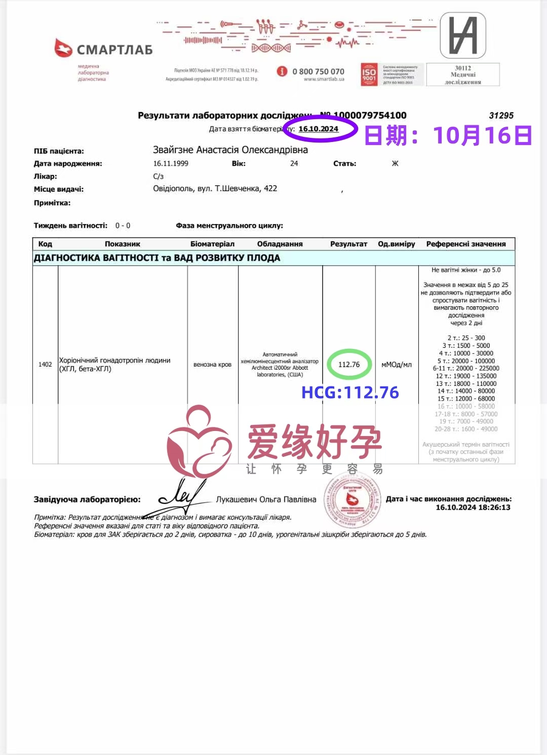 乌克兰代孕代母血值112.7，着床成功。