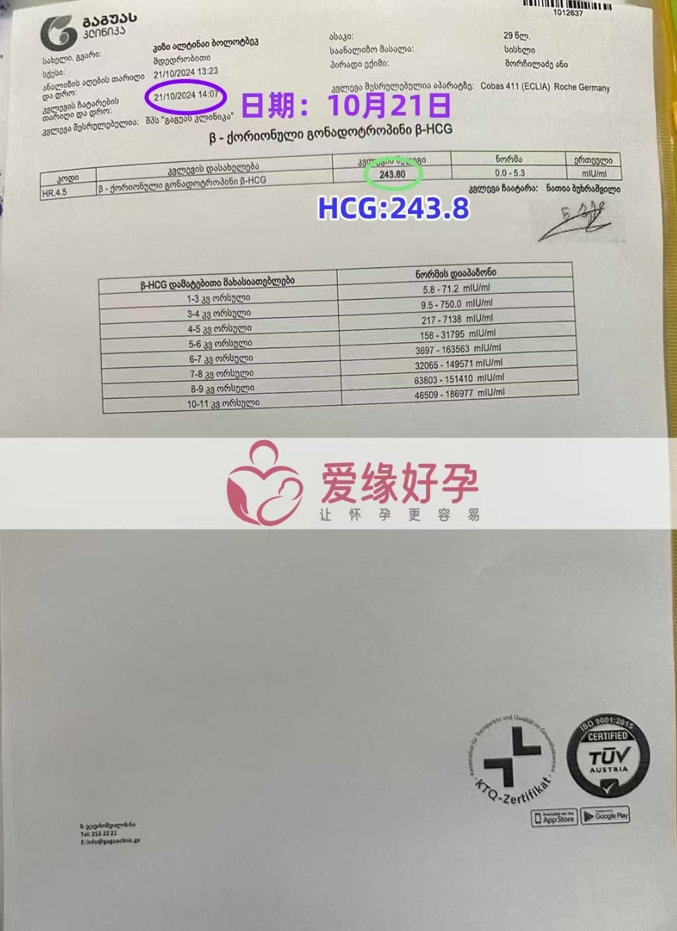 格鲁吉亚代孕代母血值243，成功着床