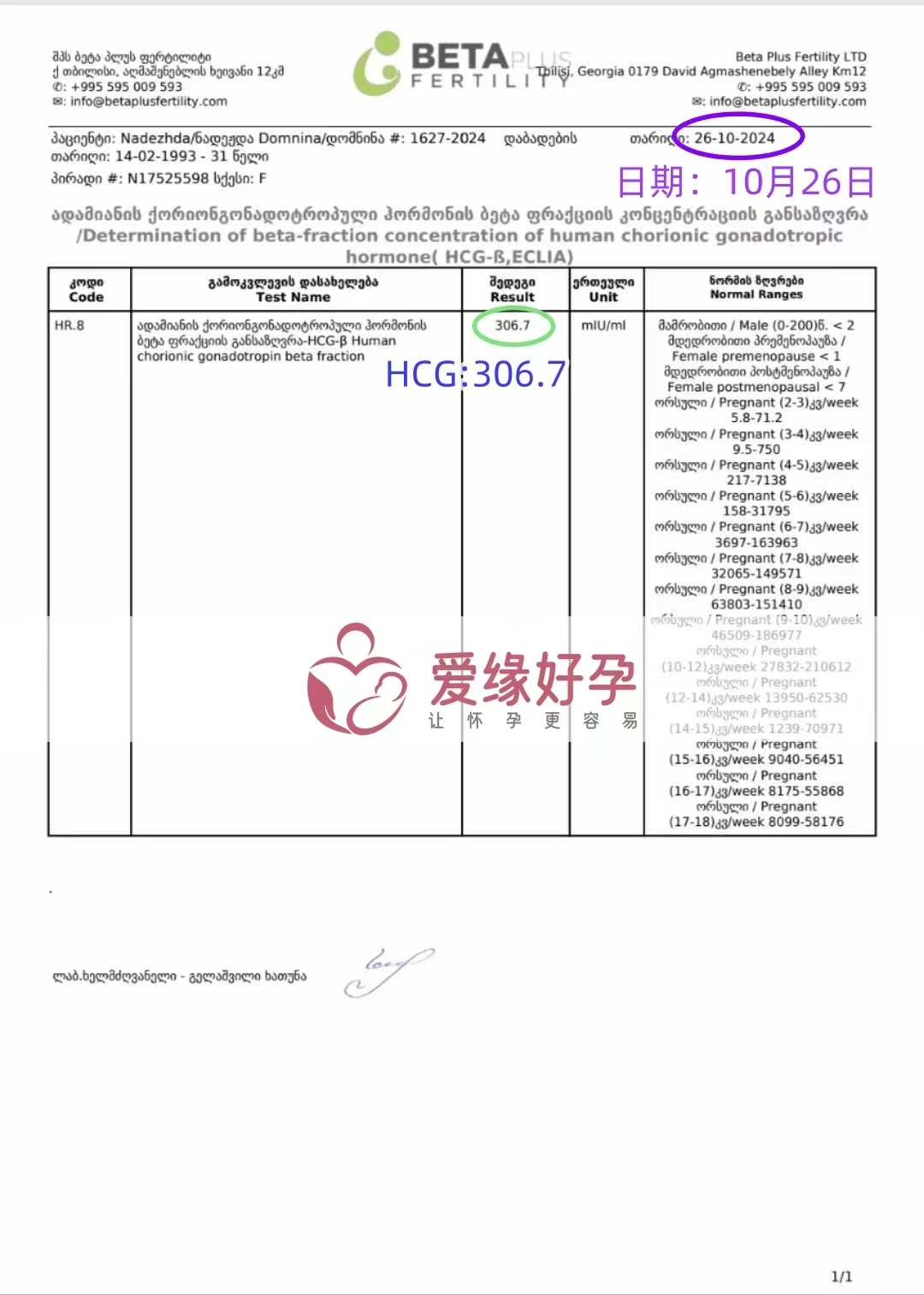 恭喜格鲁吉亚代孕代母验孕成功，血值306