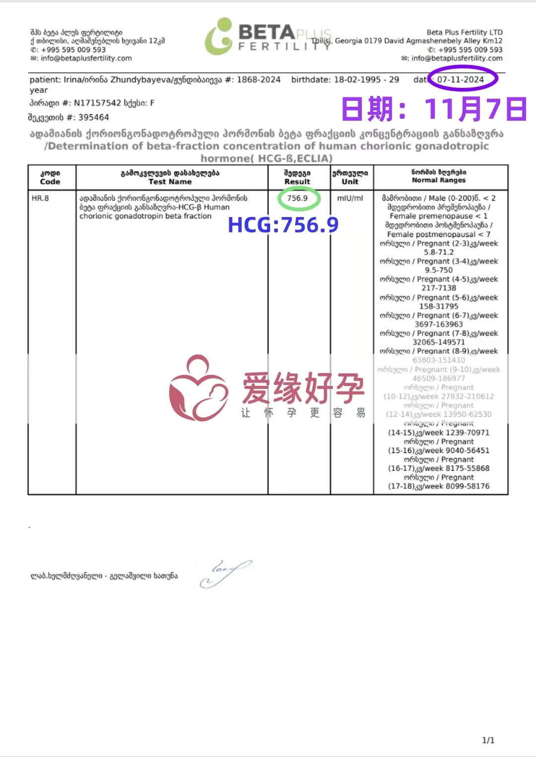 格鲁吉亚代孕代母验孕成功，血值756.9