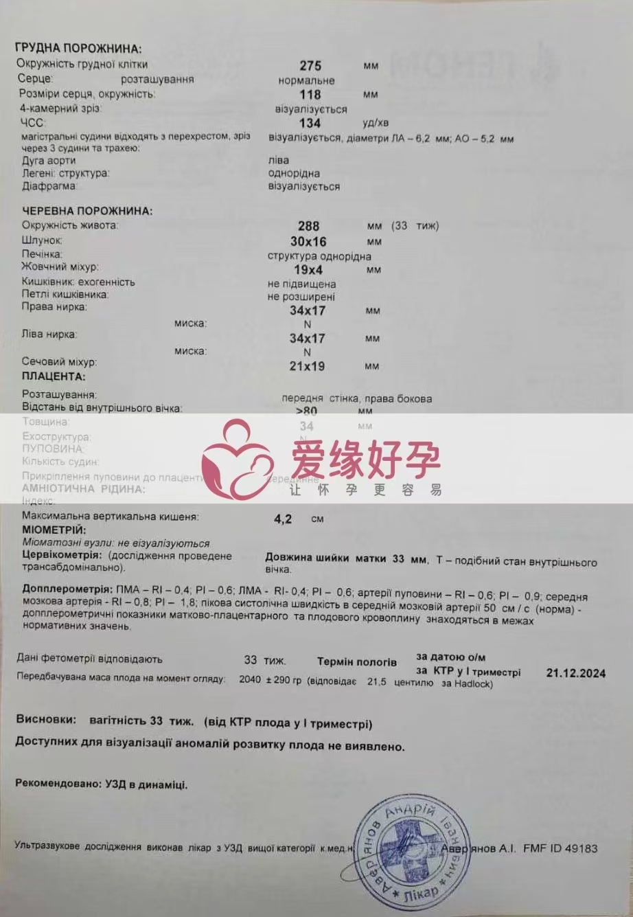 乌克兰代孕代母孕33周产检顺利通过