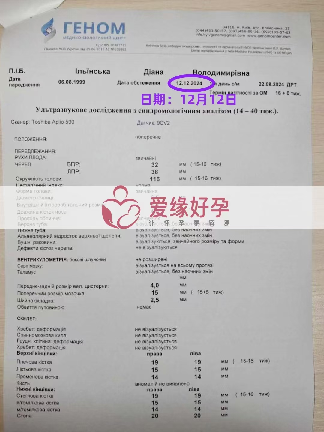 乌克兰代孕代母孕15周产检顺利通过