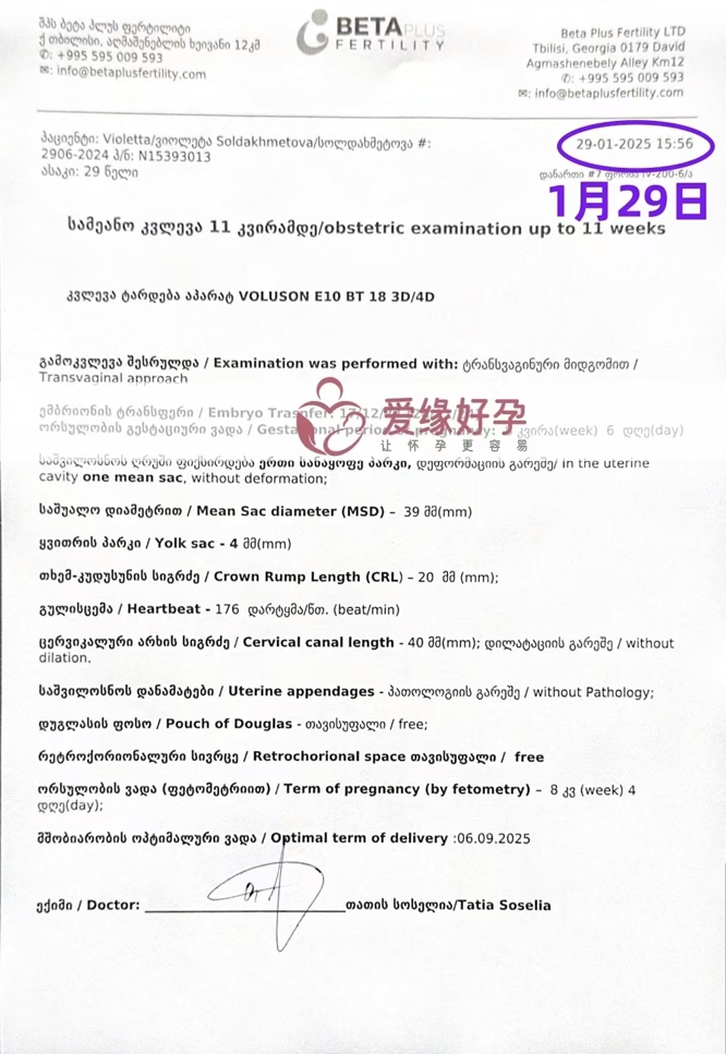 格鲁吉亚代孕代孕代母8周孕检顺利通过