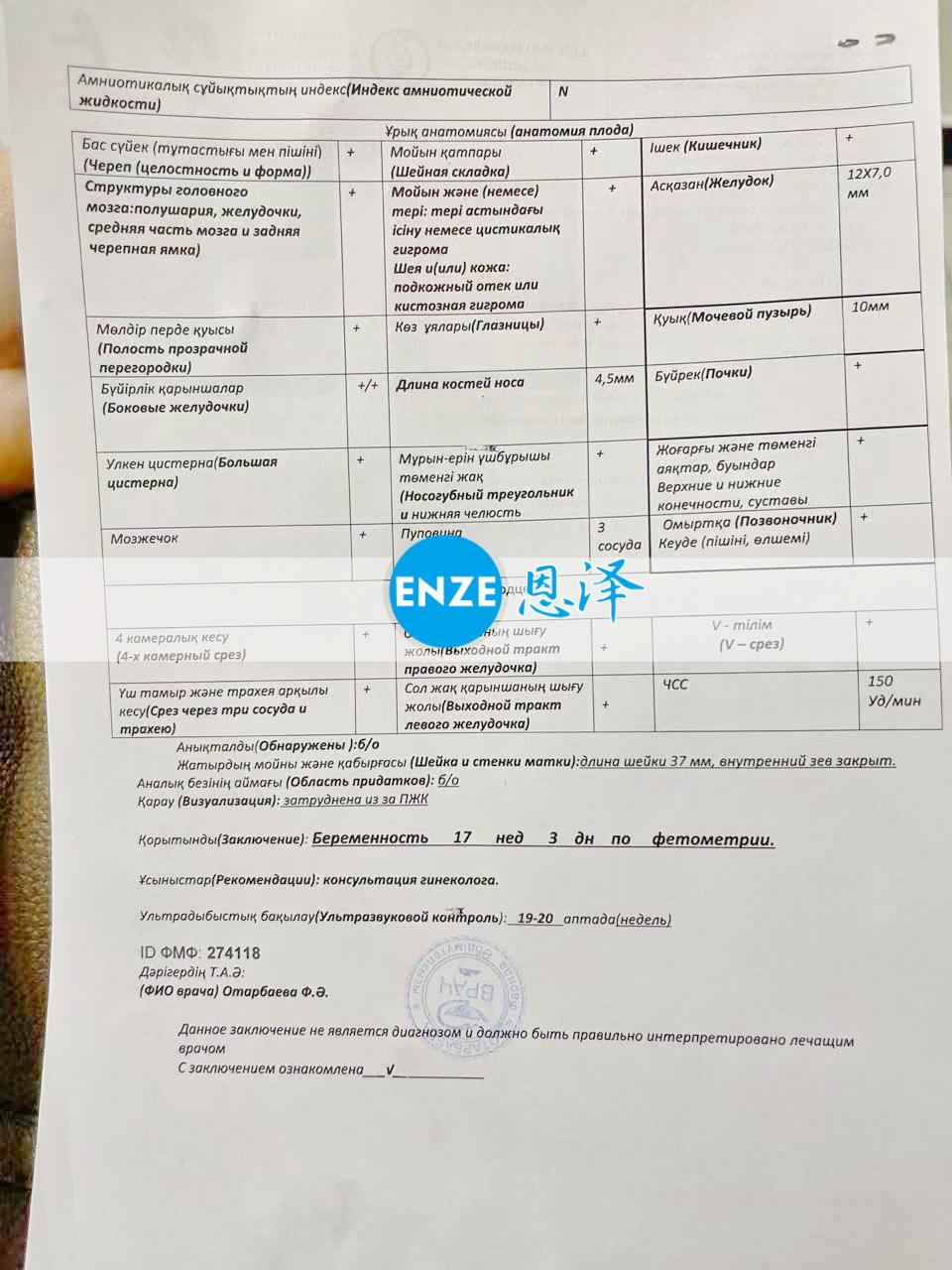 恩泽格鲁吉亚代孕代母17周检查顺利通过